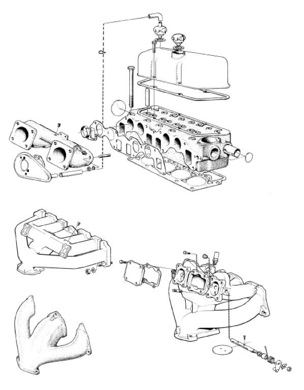 Volvo P1800: Cylinder head, Manifolds, valve cover