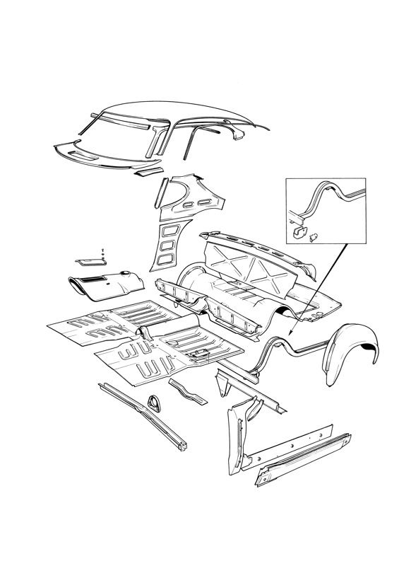 Volvo P1800: Karosserie: Bodenbleche, Dach, Kardantunnel, Radkasten hinten, Schweller, Querträger