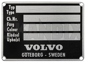 Identification plate  (1022882) - Volvo 120, 130, 220, 140, 164, P1800, P1800ES, PV - 1800e chassisno chassis no chassisnumber id plate identification plate info sign p1800e specification plate type label type plates vehicle id number vehicle identification number vin code vin label vin number vin plate Own-label 