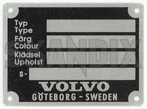 Identification plate  (1022883) - Volvo 120, 130, 220, 140, 164, P1800, P1800ES, PV - 1800e chassisno chassis no chassisnumber id plate identification plate info sign p1800e specification plate type label type plates vehicle id number vehicle identification number vin code vin label vin number vin plate Own-label 