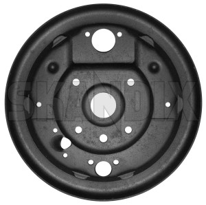 Brake Mounting Plate Rear axle left 666320 (1025190) - Volvo 120, 130, 220, P1800 - 1800e backplates base plates brake anchor plates brake mounting plate rear axle left p1800e Own-label 1  1circuit 1 circuit axle burnished discdrum disc drum exchange left manual part part part  rear refurbished used
