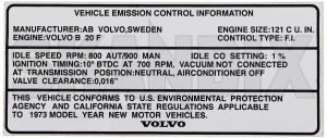 Hinweisschild Vehicle Emission  (1049545) - Volvo P1800ES - 1800es aufkleber es etiketten hinweisschild vehicle emission hinweisschilder informationsschilder schilder sportkombi Hausmarke emission vehicle