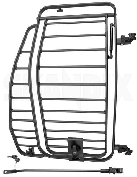 Dog guard with gate, luggage compartment divider left 32345118 (1092859) - Volvo EX90 - Keywords: along boot cargo barrier cargo divider grill dog doors dog gates dog guard dog guard with gate luggage compartment divider left grid lengthwise loadrestraint load restraint protective steel grill trunk cage Genuine charcoal instructions instructions left note please service steel the