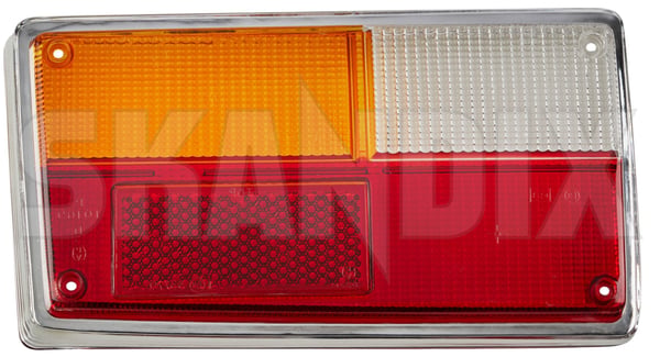Lens, Combination taillight left NOS, new old stock 1212702 (1098787) - Volvo 140, 164, 200 - Keywords: backlightlens lens combination taillight left nos new old stock scatter glass taillamplens taillightlens Own-label chrome hella left new nos nos old stock system whiteorangered white orange red