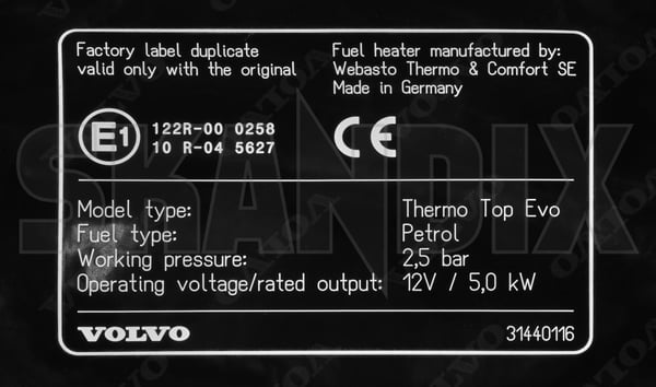 Hinweisschild Zusatzheizung 31440116 (1112890) - Volvo S90 (2017-), V90 (2017-), XC90 (2016-) - Keywords: aufkleber etiketten hinweisschild zusatzheizung hinweisschilder informationsschilder schilder Original zusatzheizung